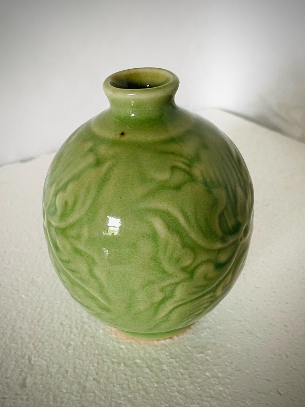 Antique Celadon Sake Bottle Jar Small Green Bud Vase Ceremonial Period Sanda - Picture 3 of 6